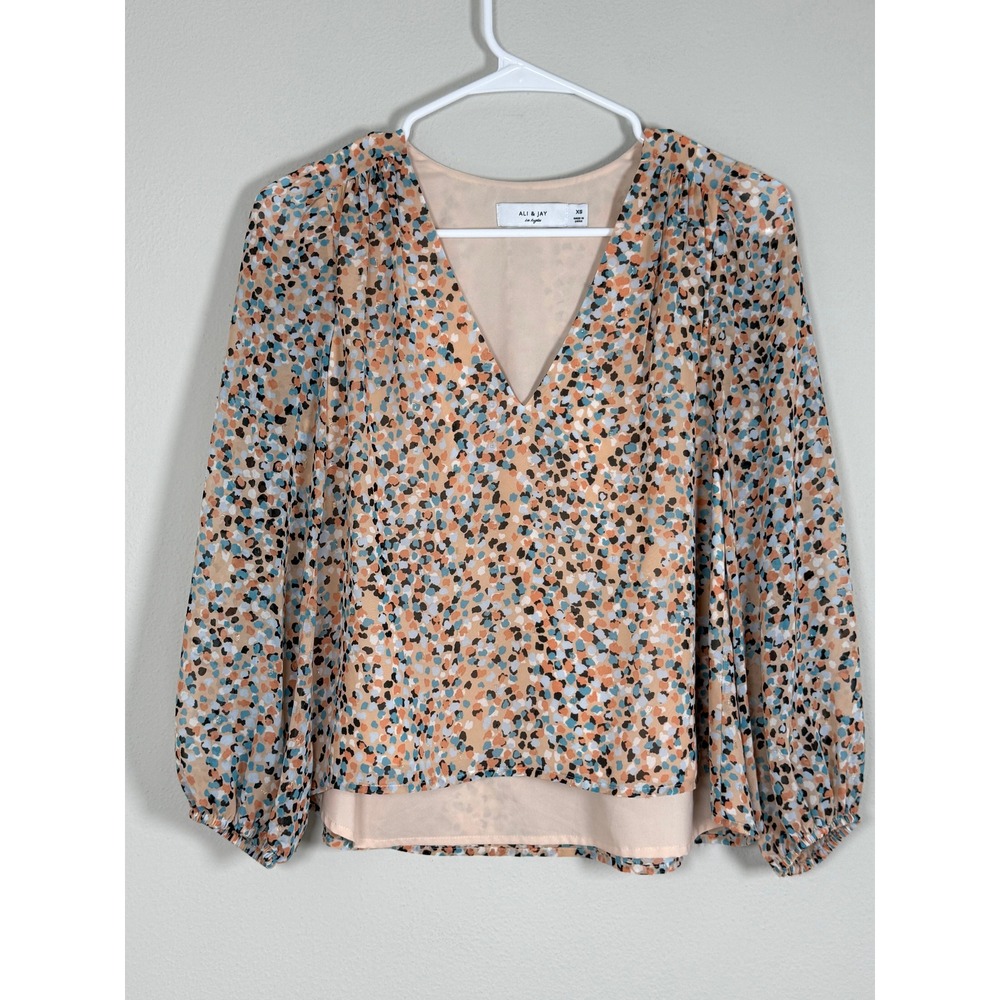 Ali & Jay Blouse Womens XS Balloon Sleeve V-Neck Top Boho Workwear Office Whimsy